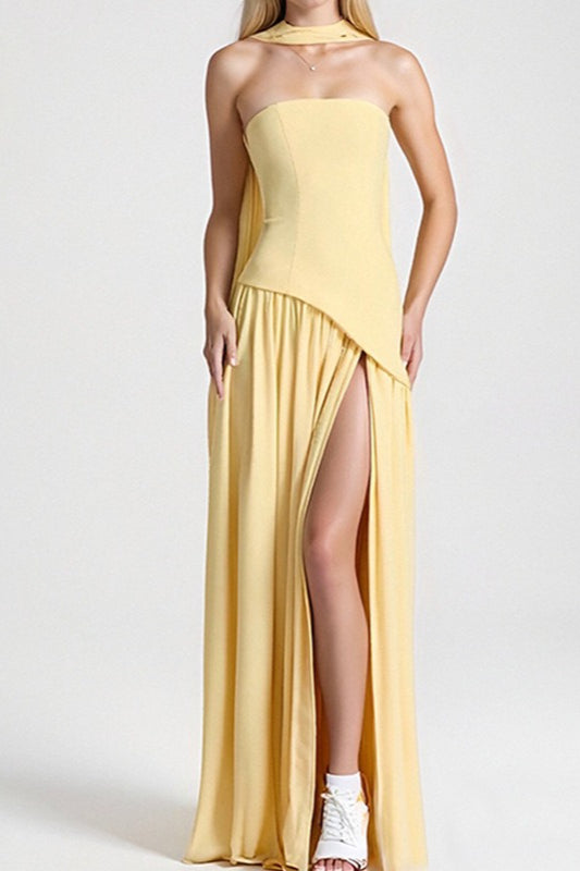 Strapless Asymmetric Wrap High Split Maxi Dress - View 6