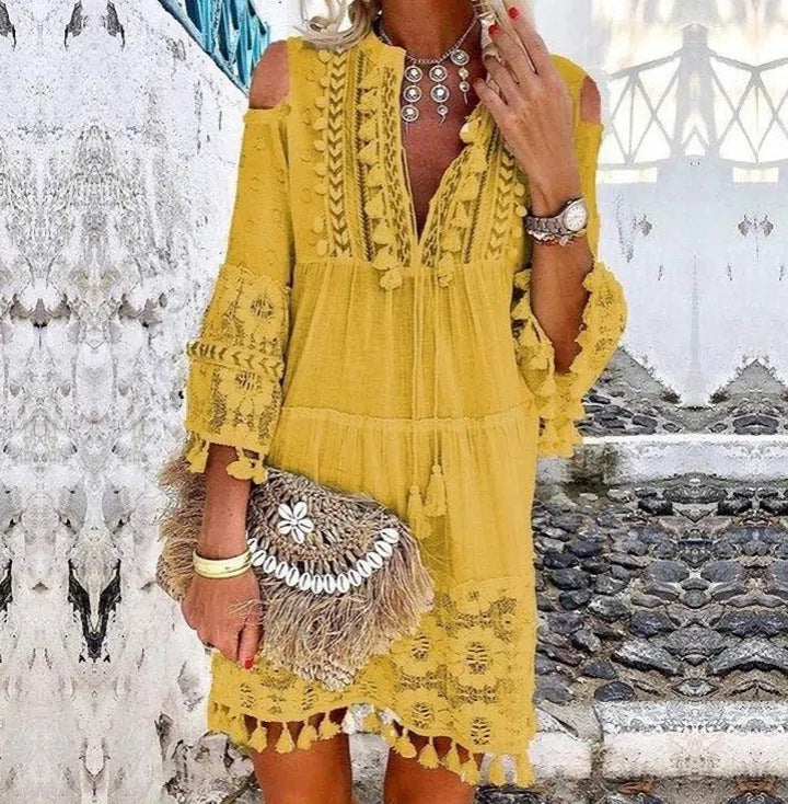 Deep V-Neck Tassel Trim Lace Insert Bell Sleeve Tiered Dress - View 11