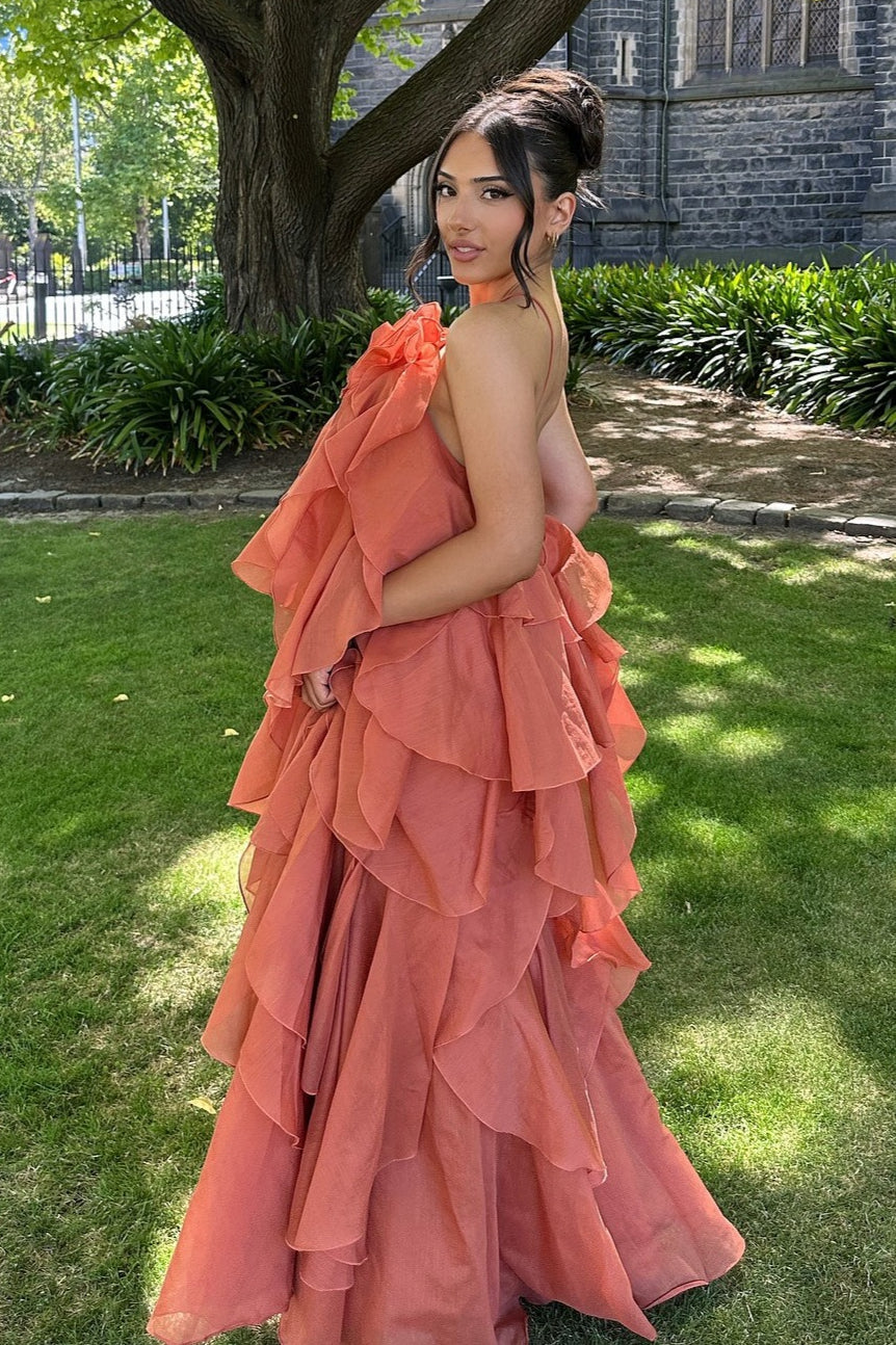 3D Floral Halter Neck Tiered Ruffle Maxi Gown - View 6