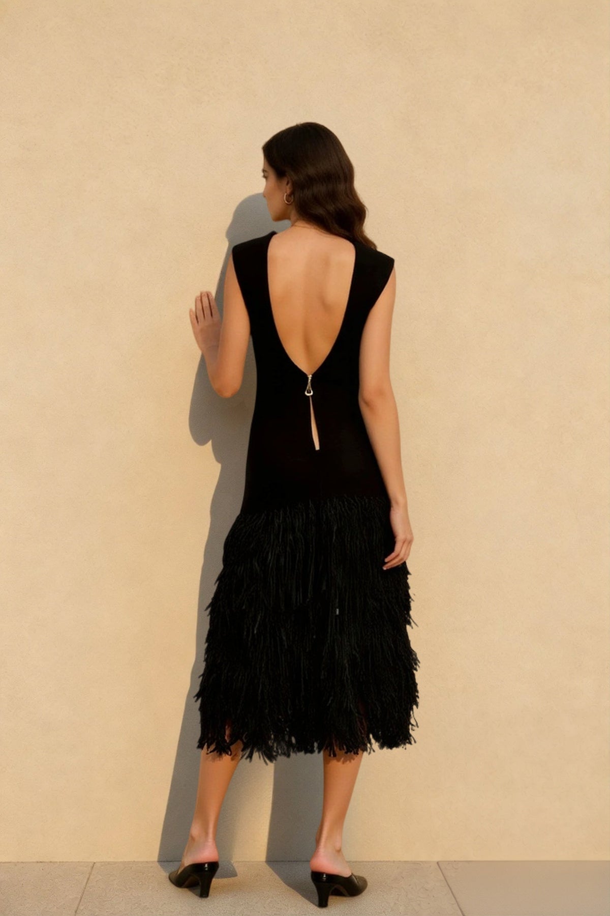 Solid Raffia Panel Knit Midi Chic Cocktail Dress - View 3