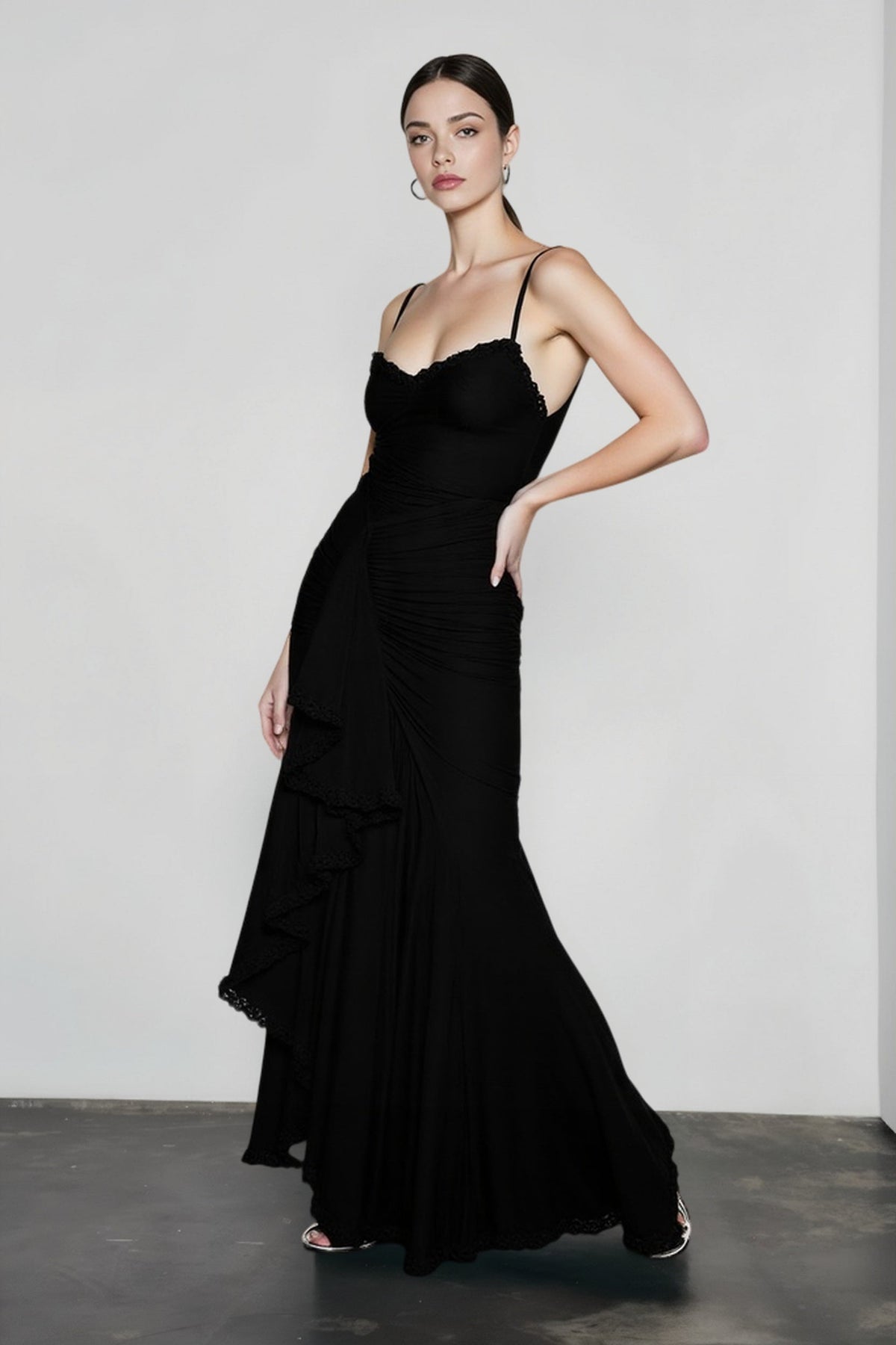 Spaghetti Strap Sweetheart Ruched Ruffle Trim Mermaid Gown 11
