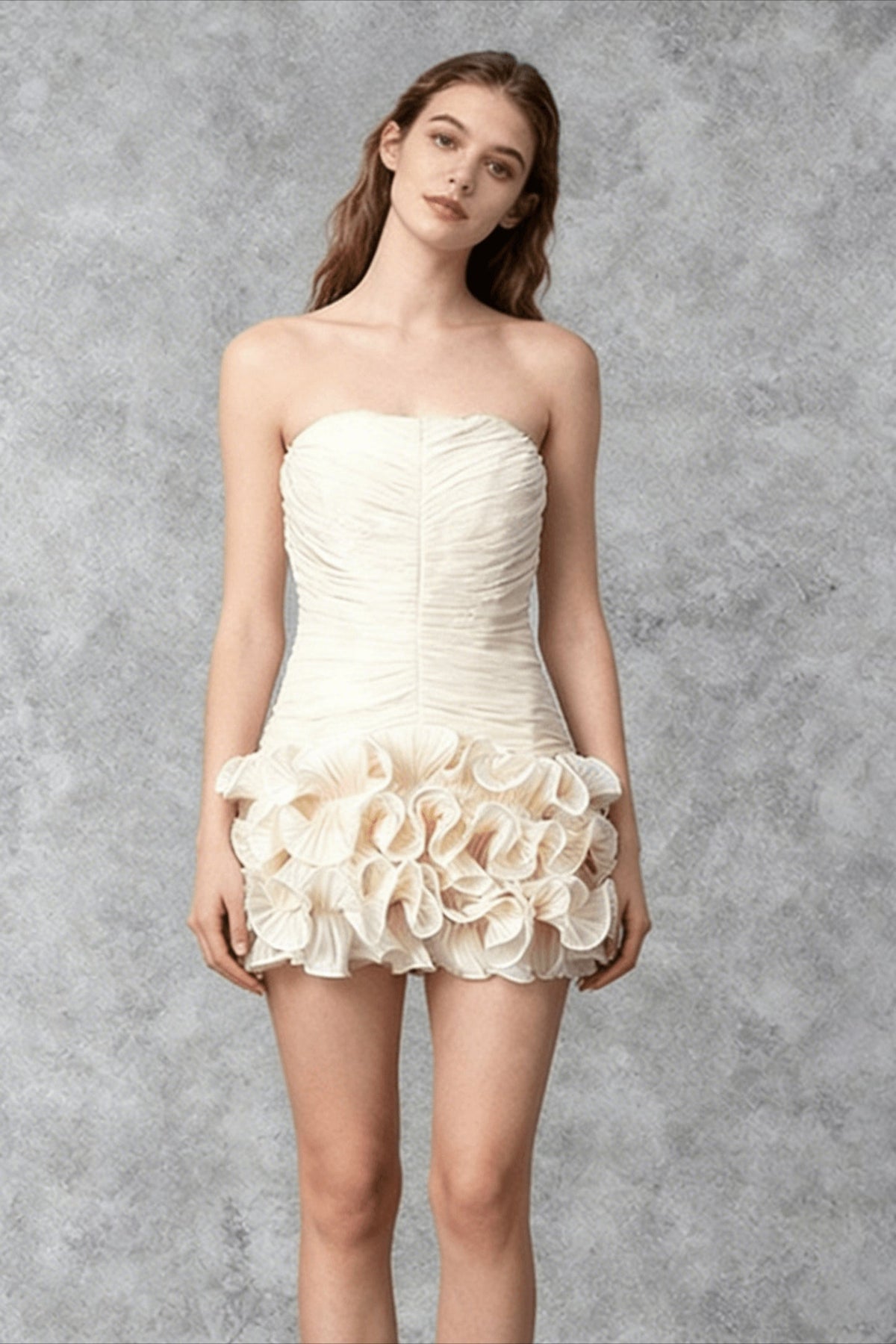 Strapless Ruched Tiered Ruffle Mini Dress