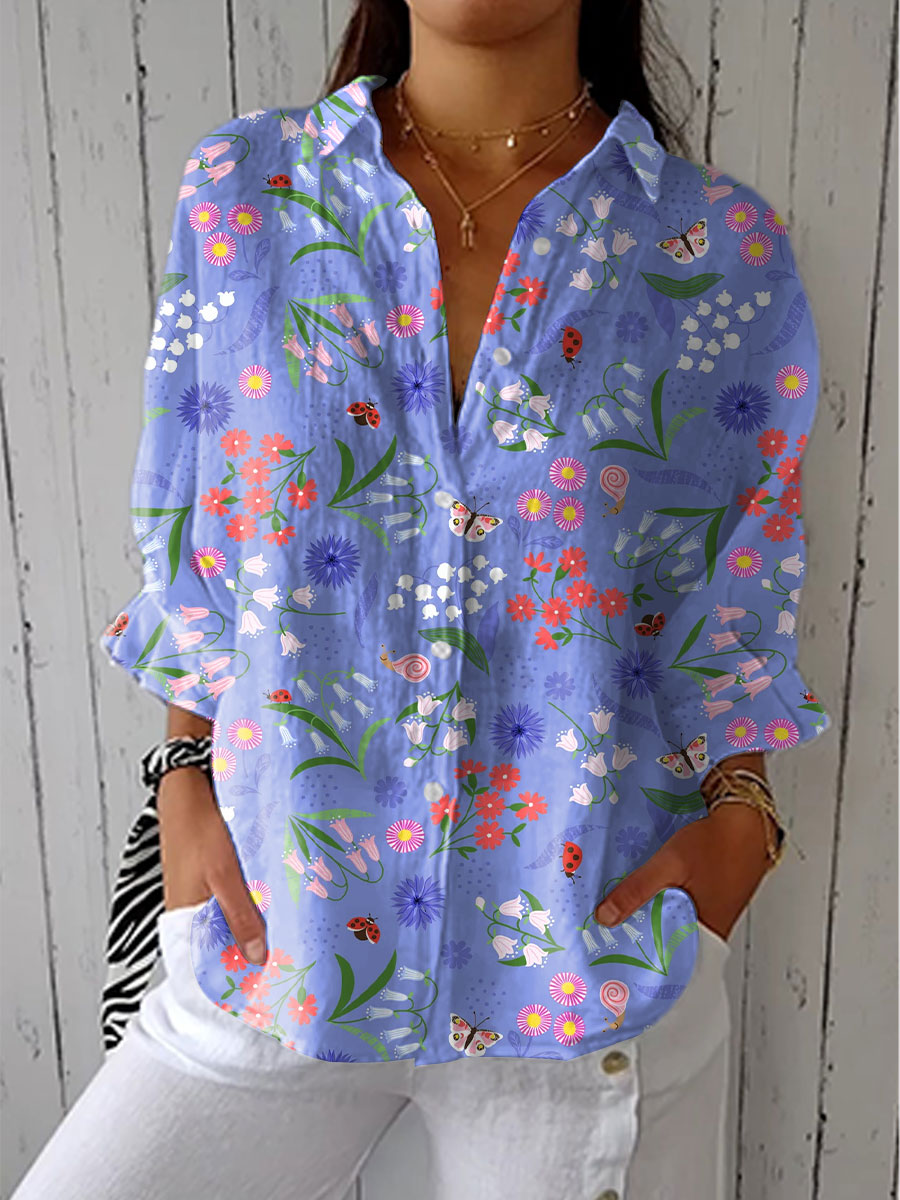 Floral Print Long Sleeve Collared Popover Blouse 2