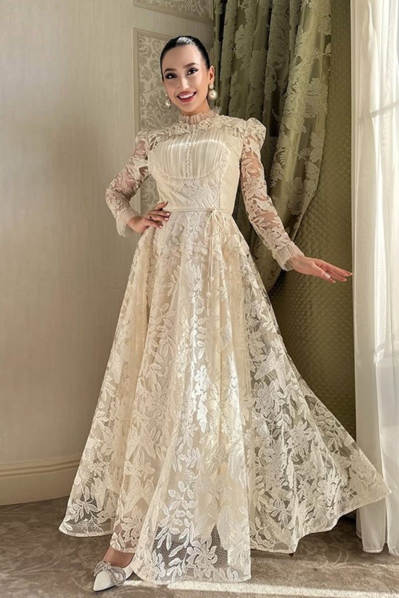 Lace Floral Embroidered High Neck Ruffle Long Sleeve A-Line Gown - View 2
