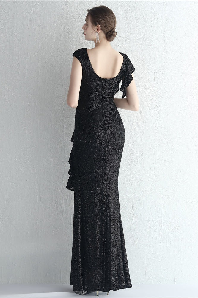 Sequin High Neck Cap Sleeve Ruffle High Split Mermaid Gown 30