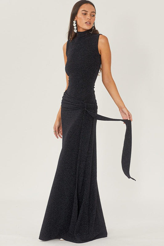 Glitter Mock Neck Sleeveless Ruched Hip Column Maxi Party Gown - View 6