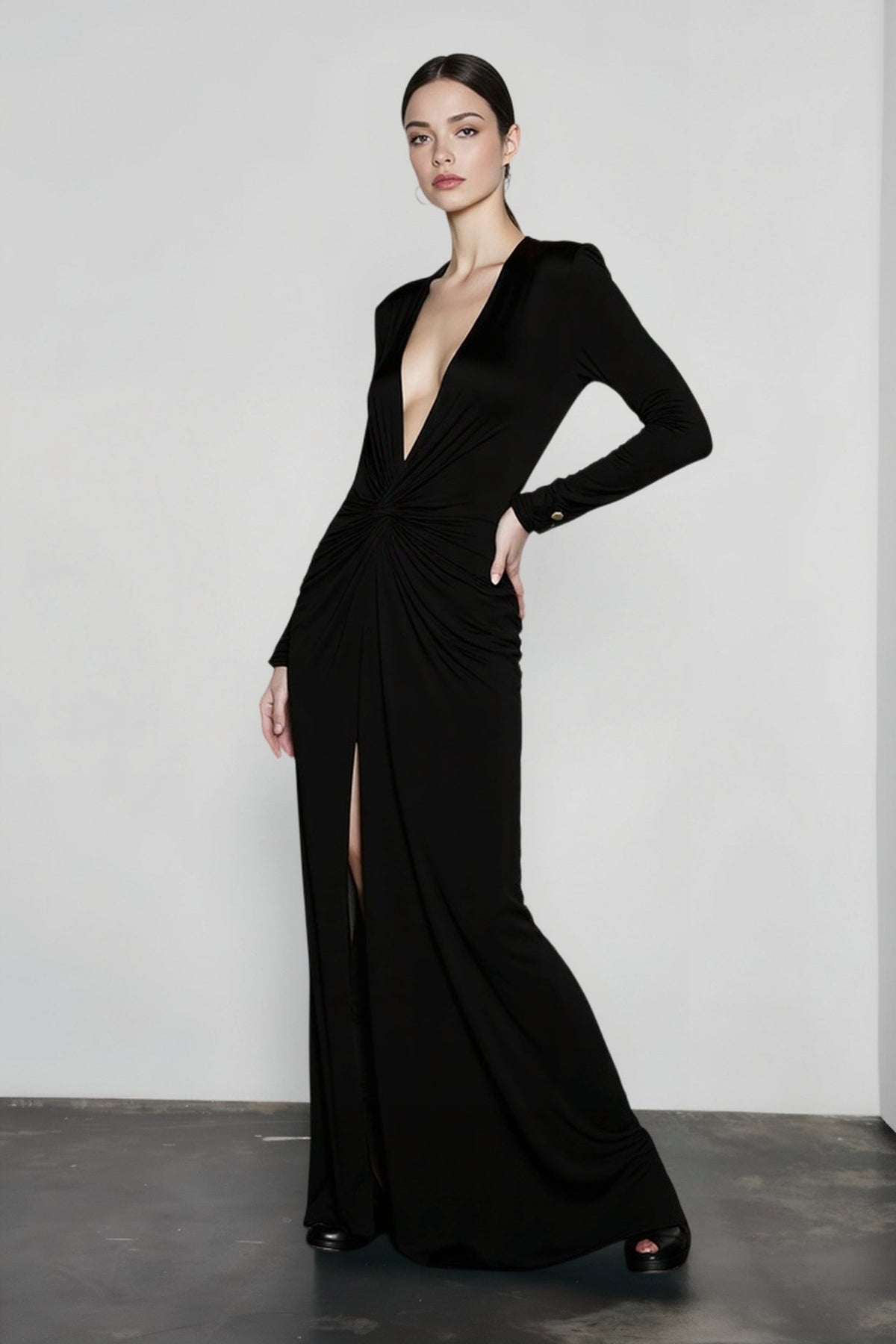 Deep V-Neck Long Sleeve Twist Front High Split Maxi Dress - View 6