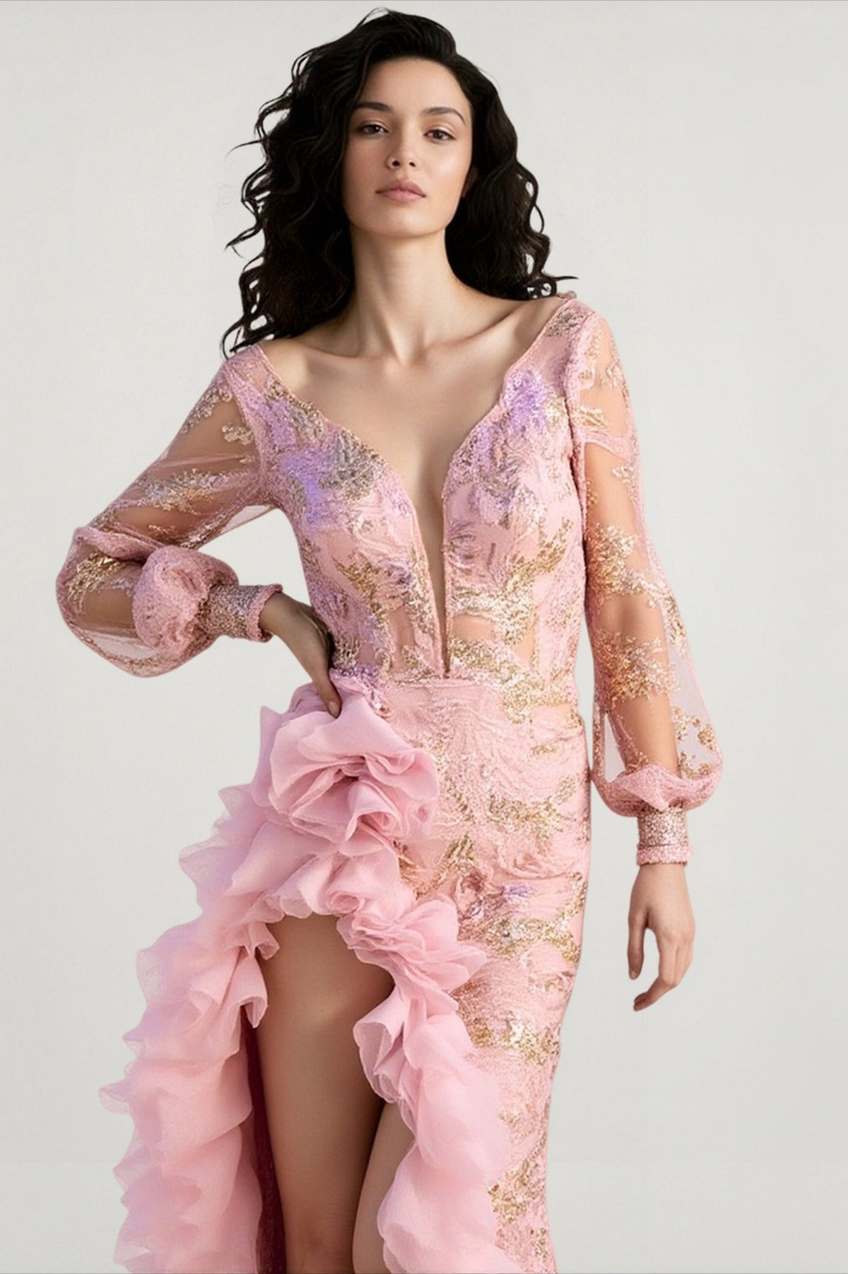Lace Embellished Off Shoulder Puff Sleeve High Split Maxi Gown