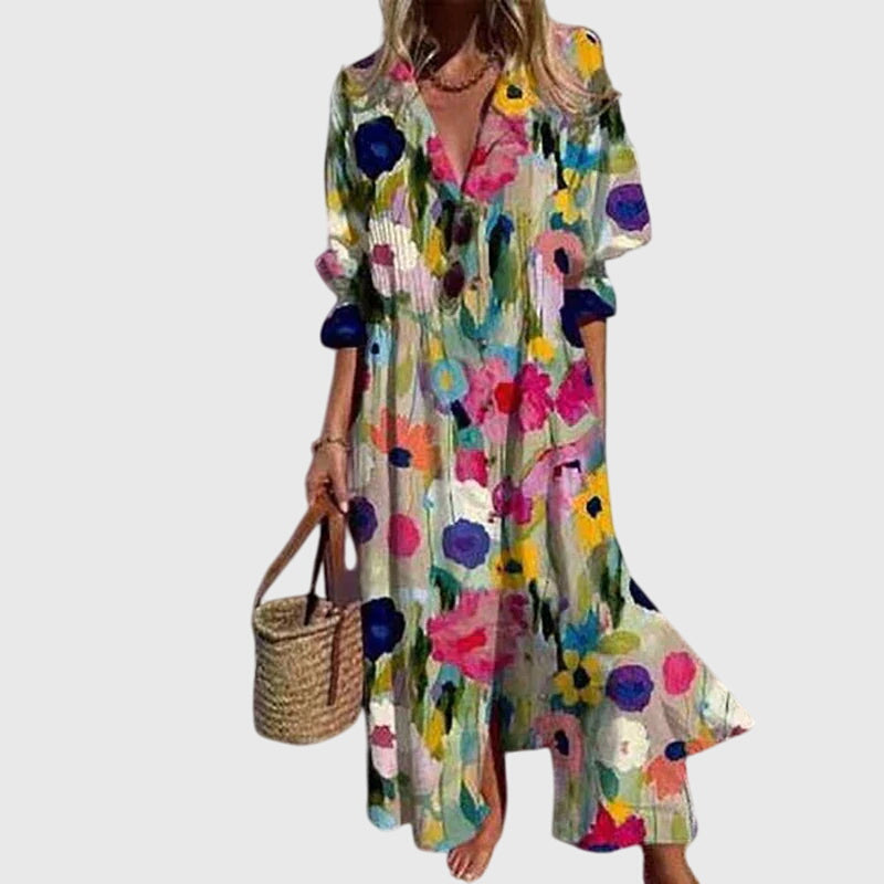 Watercolor Floral Print Split Neck Long Sleeve Maxi Dress 2