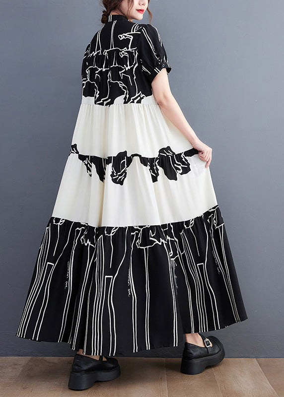 Graphic Print Tiered Mandarin Collar Short Sleeve Maxi Dress - View 4