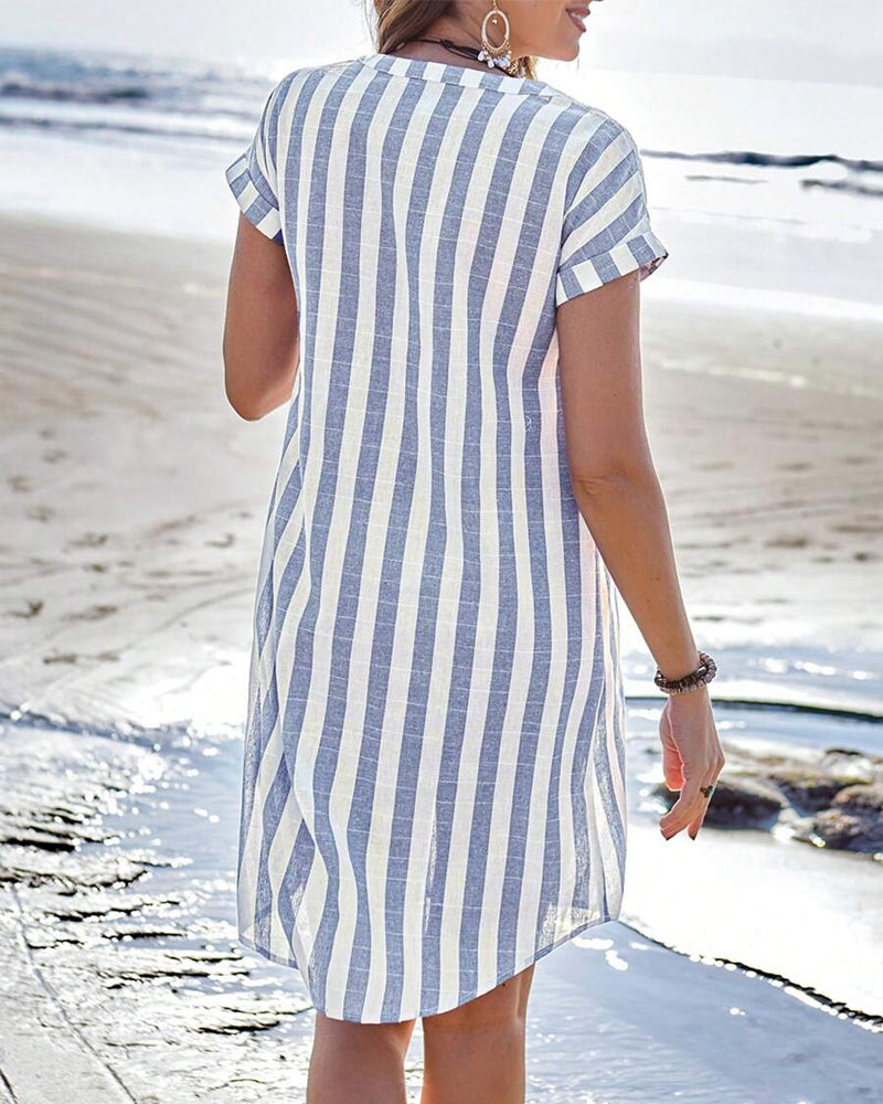 Striped Button Front Short Sleeve Mini Shirt Dress 2