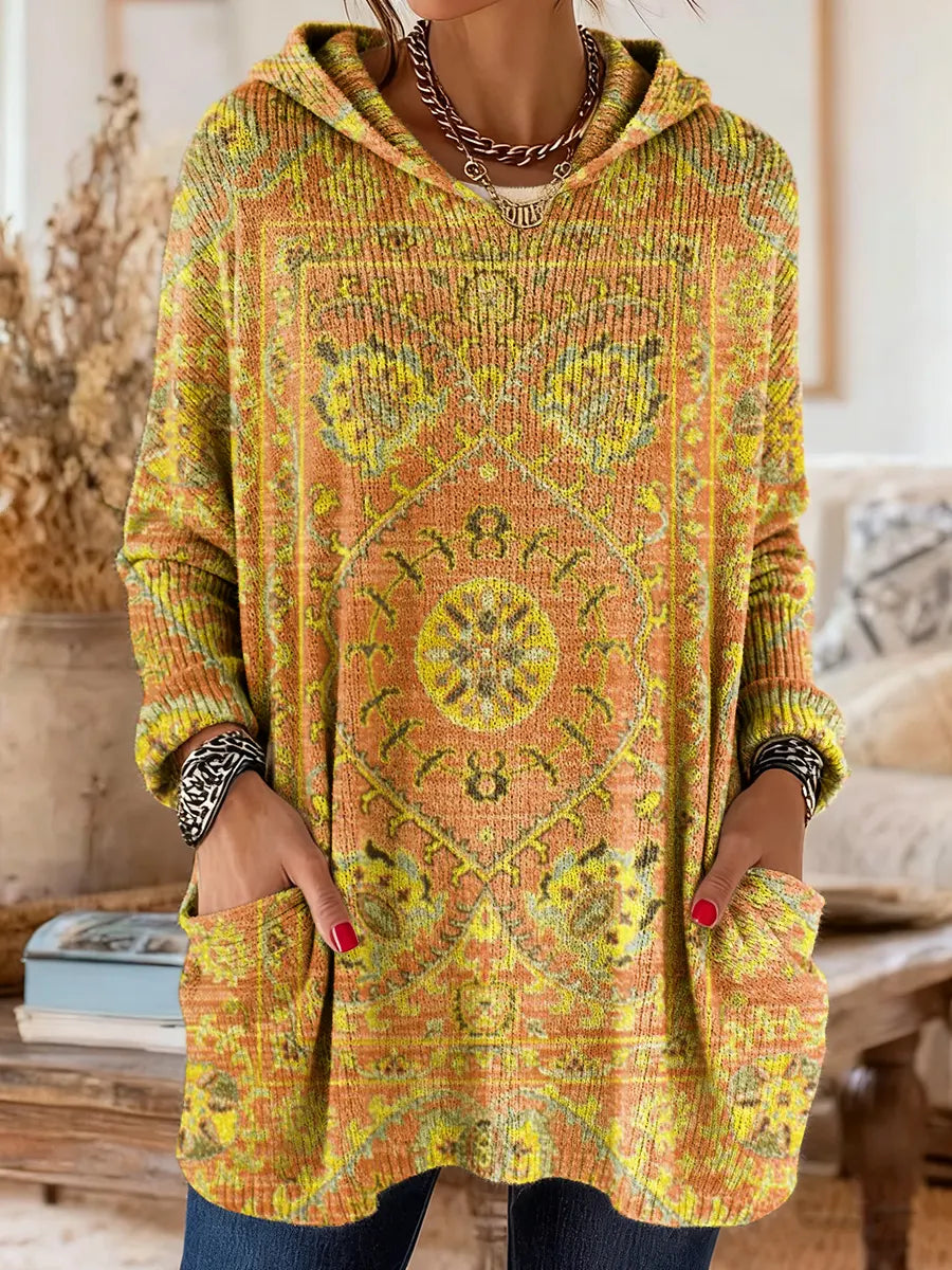 Medallion Print Hooded Oversized Tunic Sweater 7