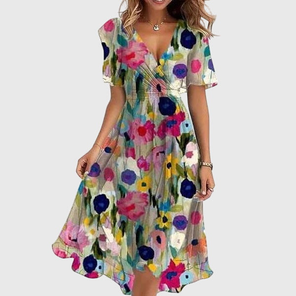 Floral Print V-Neck Flutter Sleeve Handkerchief Hem Midi Dress 6