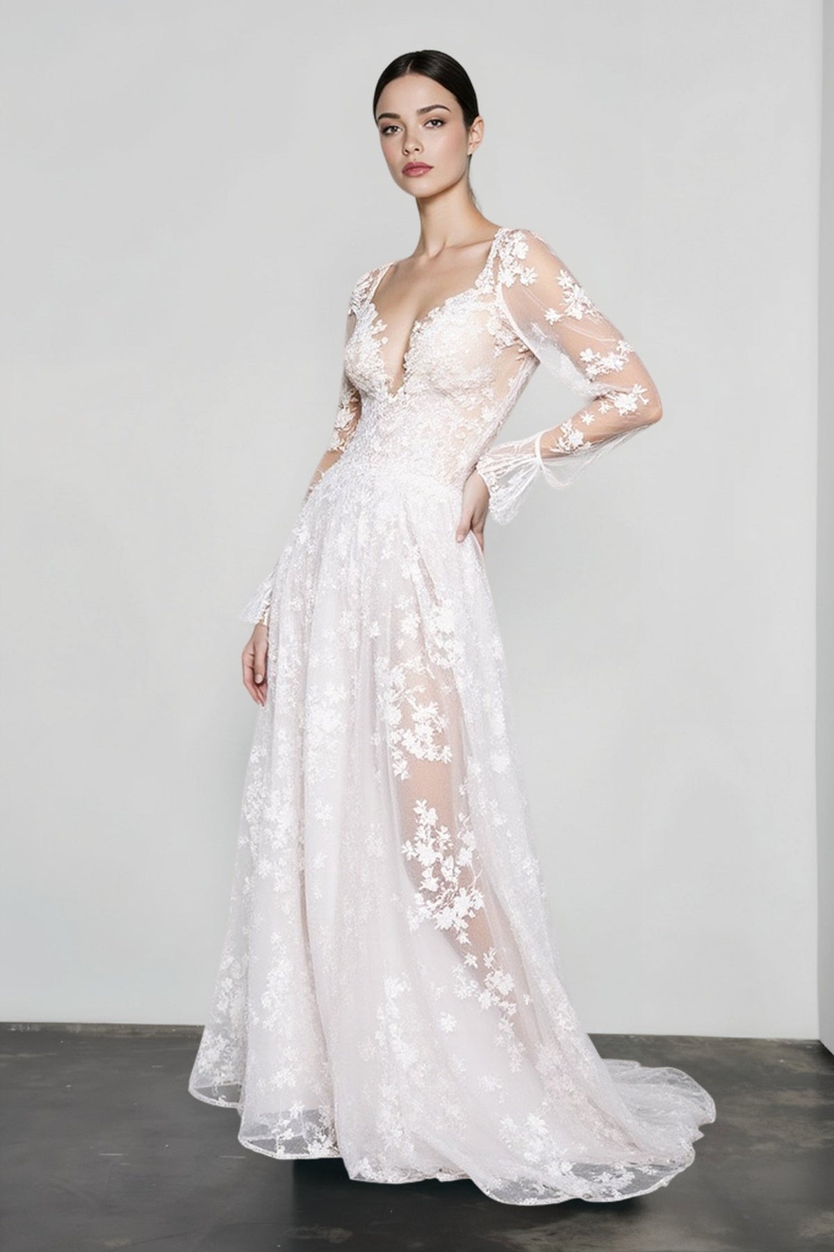Floral Lace Deep V-Neck Long Sleeve Sheer A-Line Gown 4