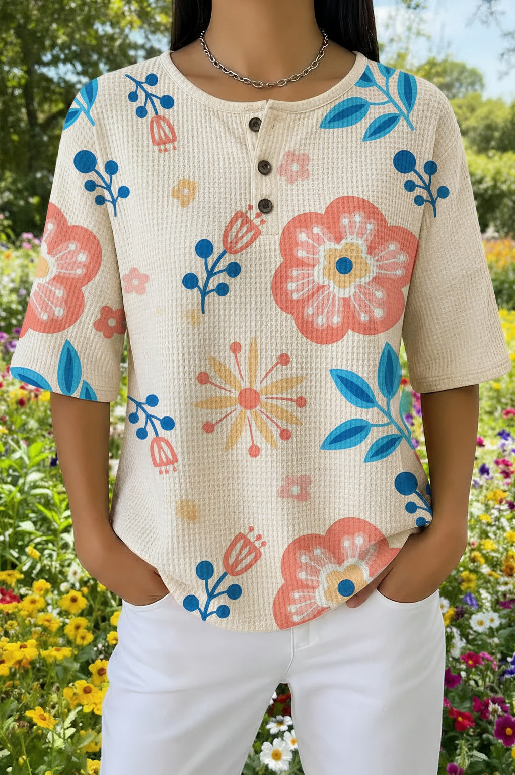 Folk Floral Print Waffle Knit Short Sleeve Henley Top