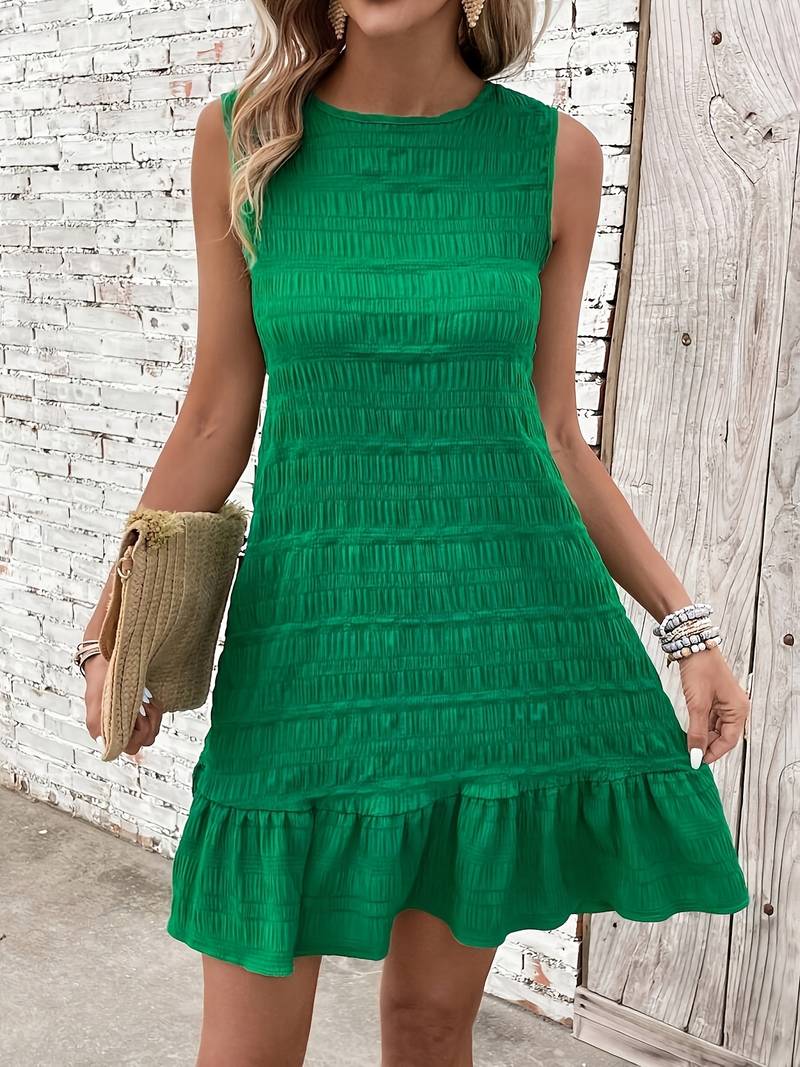 Smocked Sleeveless Crew Neck Ruffle Flounce Hem A-Line Mini Dress