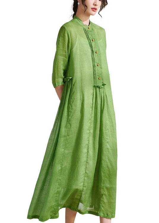Mandarin Collar Button Placket Pintuck Drop Waist Half Maxi Dress - View 5