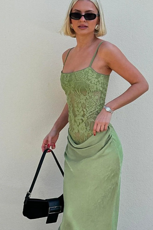 Lace Mesh Spaghetti Strap Draped Waist Maxi Dress - View 3