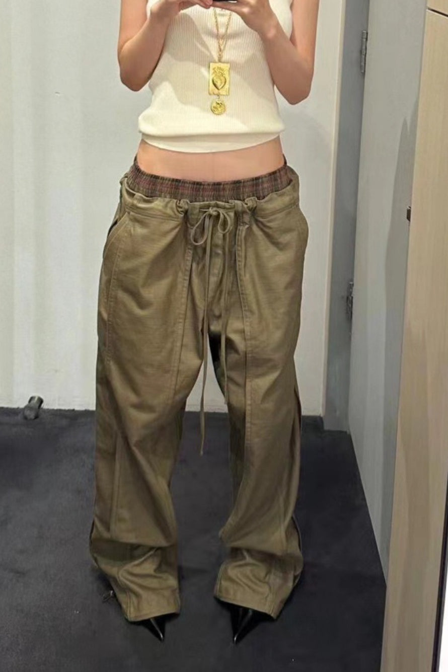 Color Block Plaid Elastic Double Waist Khaki Cargo Pants