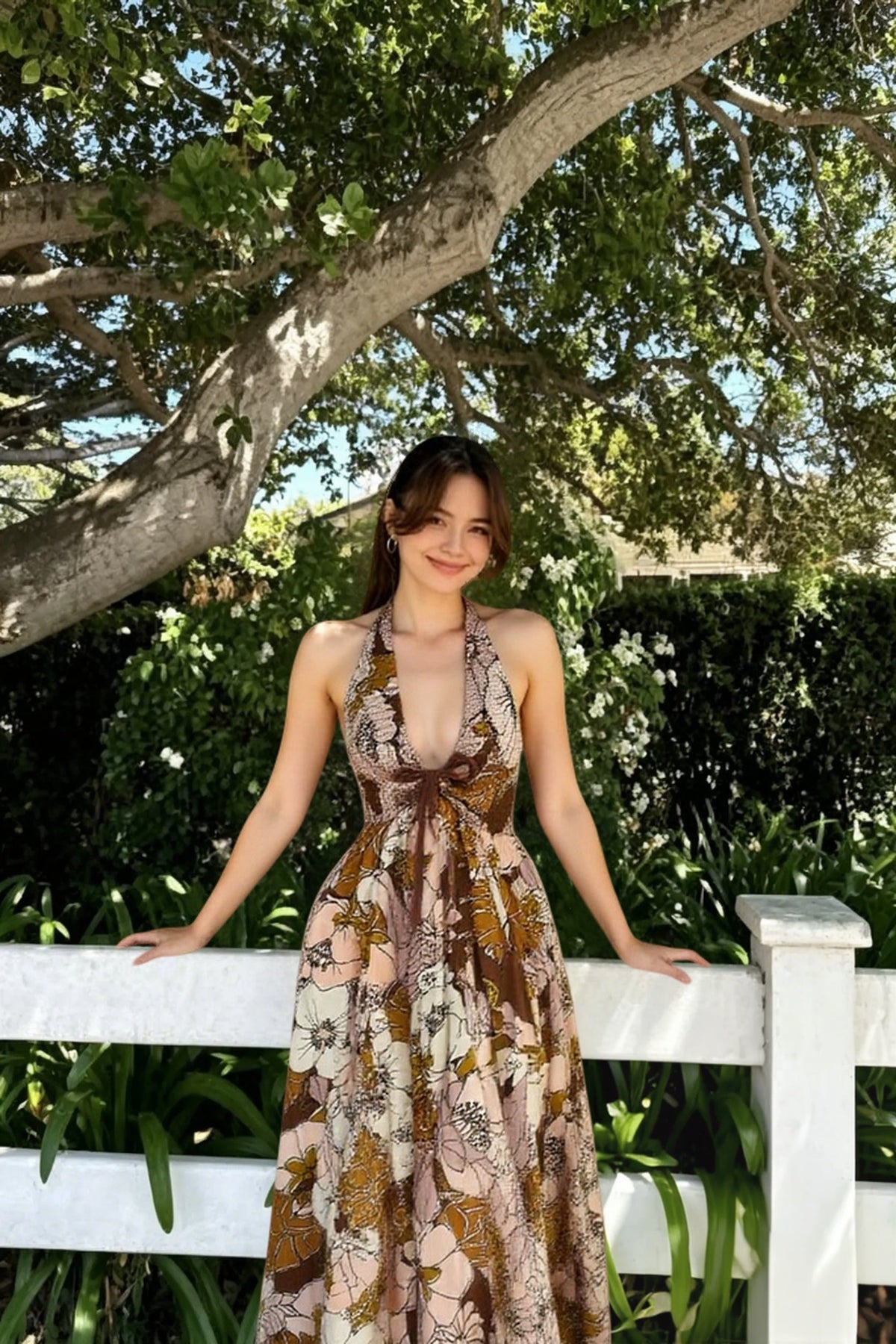 Floral Halter Neck Plunge Tie Front Maxi Dress 2