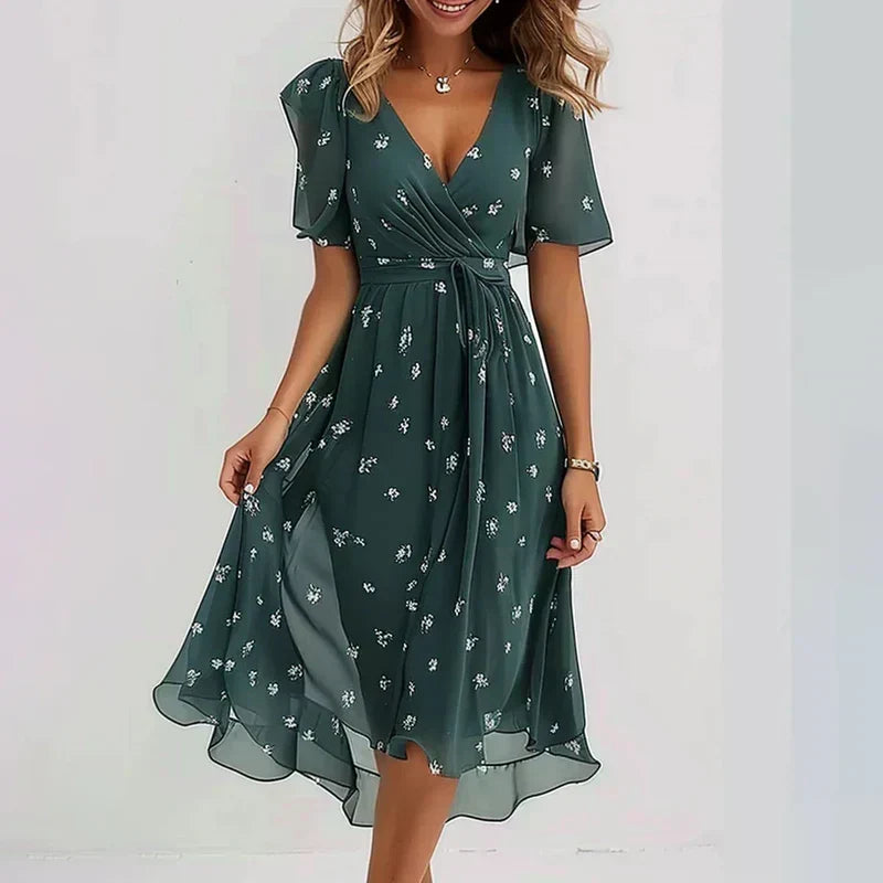 Watercolor Floral V-Neck Short Sleeve High Low Midi Dress 3