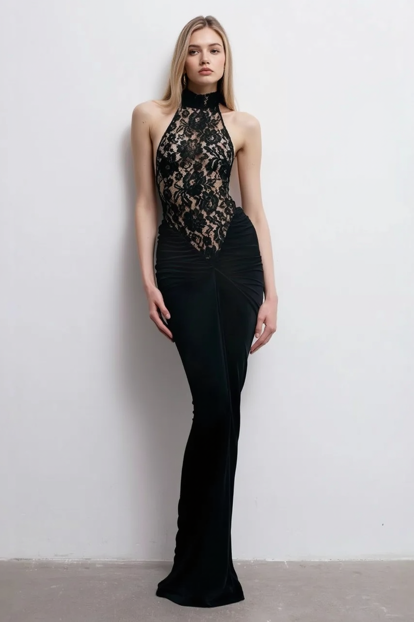 Floral Lace Halter Mock Neck Ruched Hip Column Maxi Gown