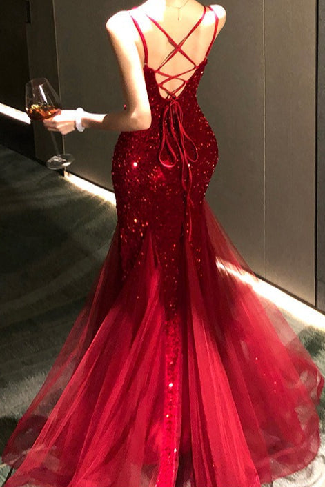 Sequin Sweetheart Spaghetti Strap Tulle Mermaid Maxi Gown - View 7
