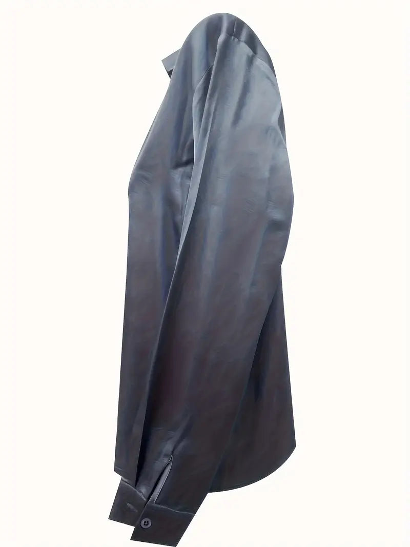 Collared Deep V-Neck Long Sleeve Satin Blouse 37