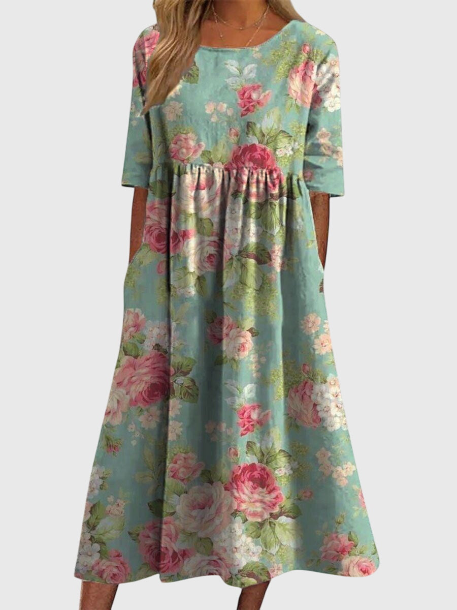 Floral Print Round Neck Short Sleeve Pocket Midi Dress 2