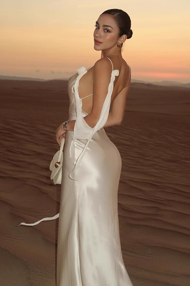Cami Backless Maxi Silk Dress in White - View 4