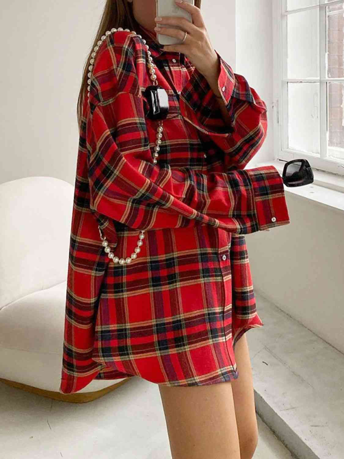 Plaid Blouse Drop With Shoulder