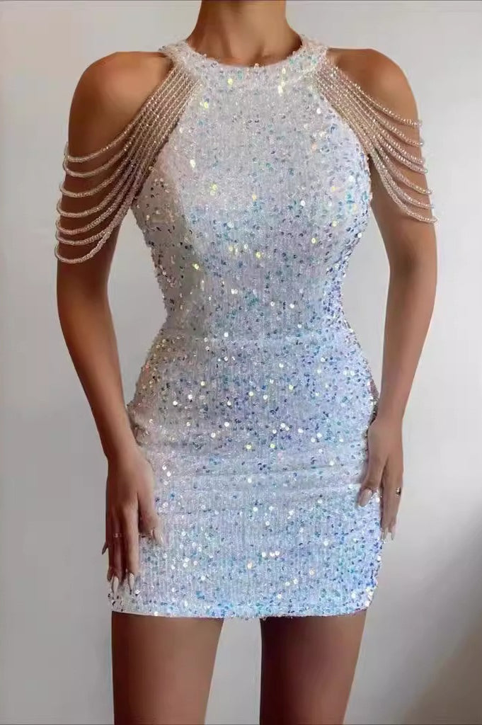 Crystal Fringe Halter Backless Bodycon Mini Cocktail Dress - View 5