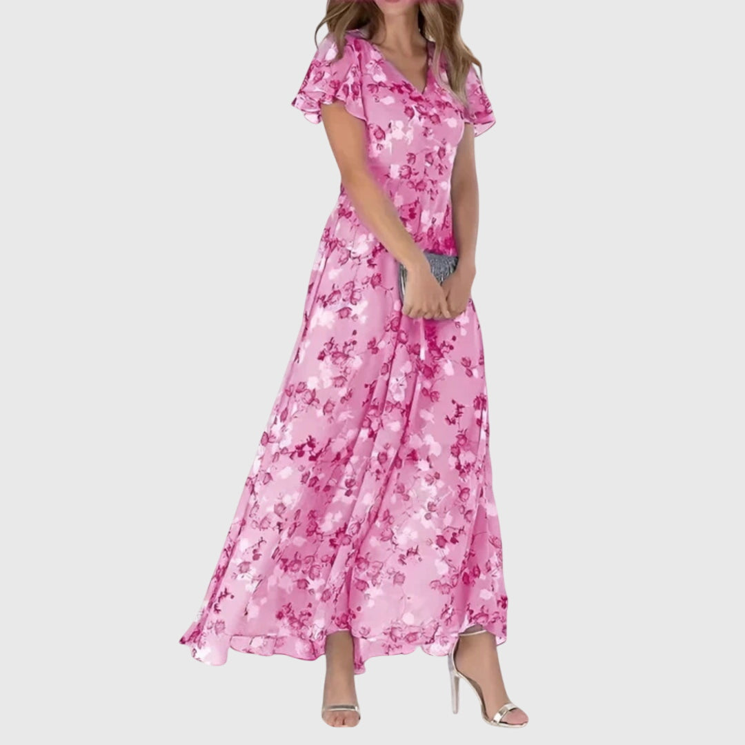 Floral V-Neck Flutter Sleeve Chiffon Maxi Dress 4