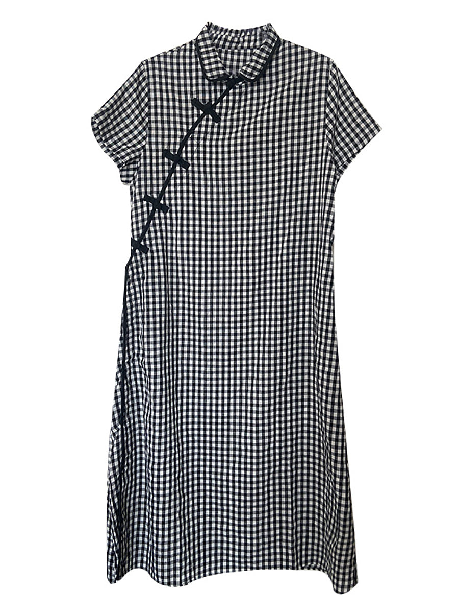Gingham Check Mandarin Collar Frog Button Short Sleeve Maxi Dress - View 8
