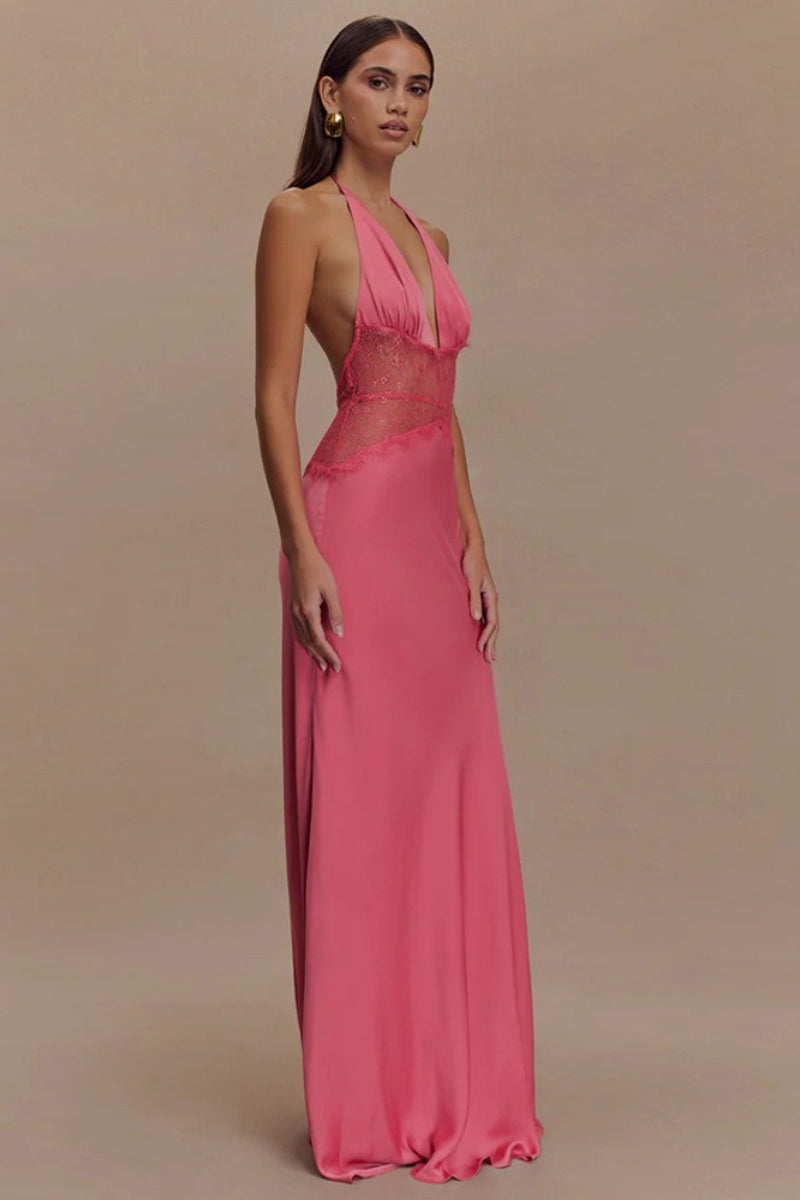 Satin Halter Neck Deep V-Neck Lace Trim Slip Maxi Dress - View 8
