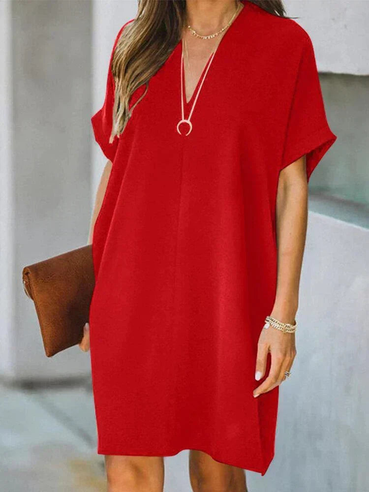 Deep V-Neck Short Sleeve Shift Mini Dress - View 3
