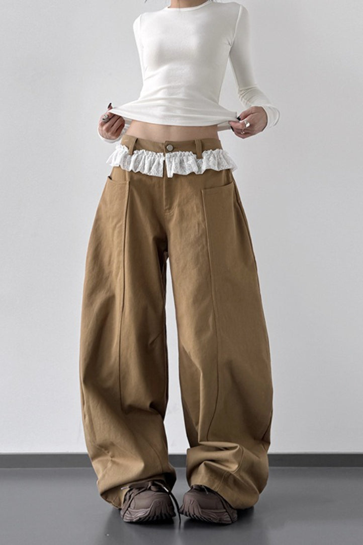 High-Waist Lace Wide-Leg Denim Jeans