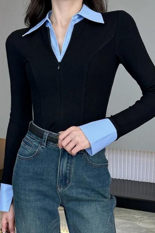Polo Neck Slim Faux Two Piece Knit Long Sleeve Blouse