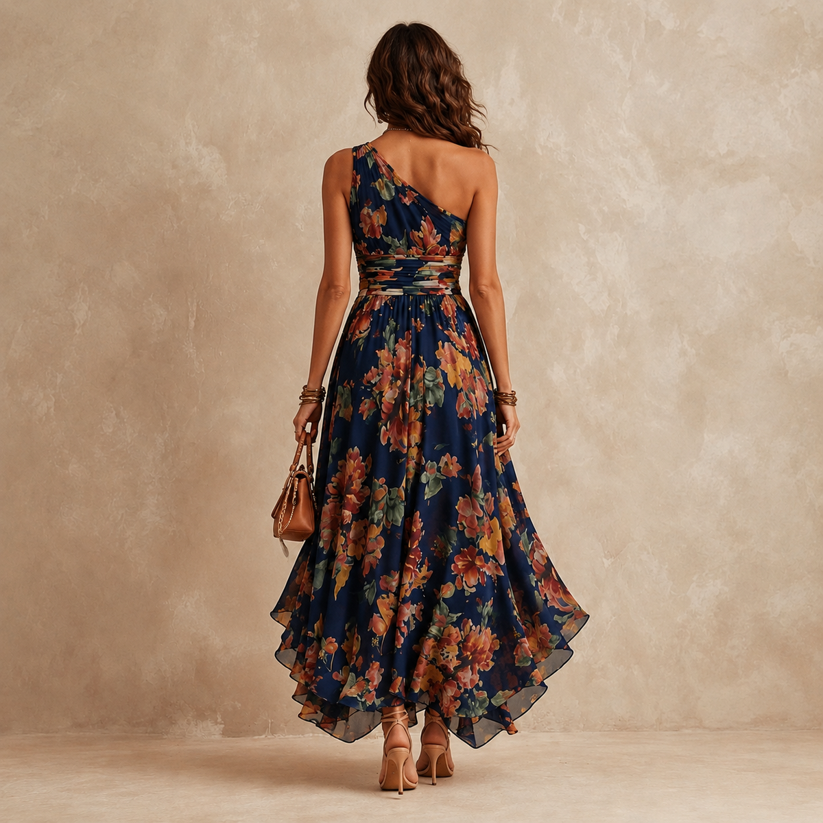One Shoulder Floral Ruched Waist Maxi Dress 3