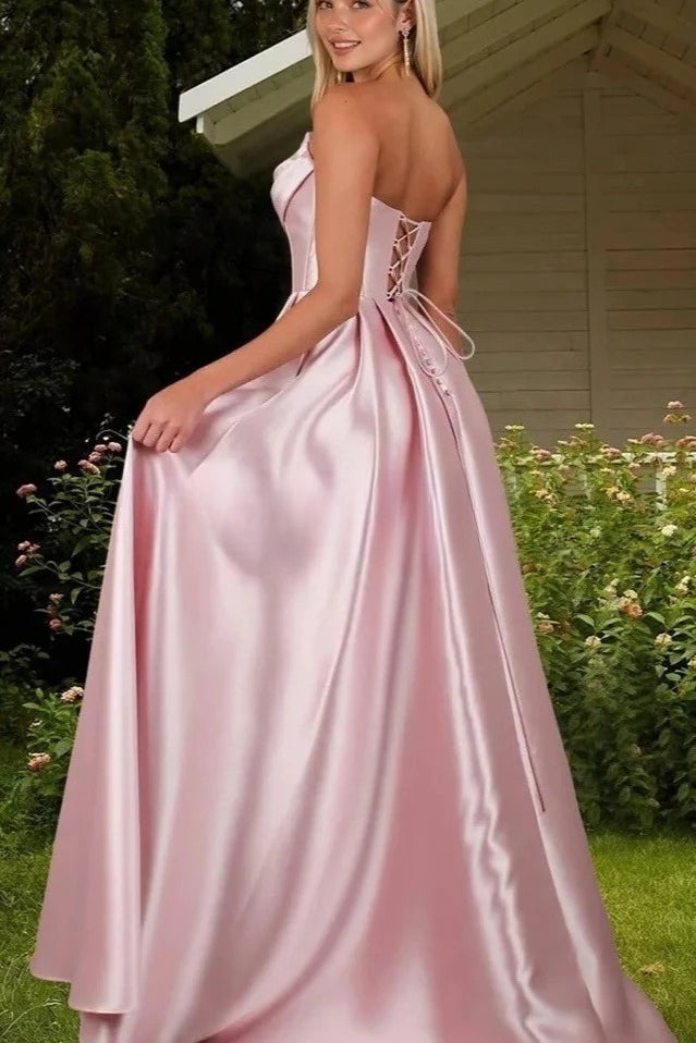 Satin Strapless Beaded High Split A-Line Ball Gown - View 3