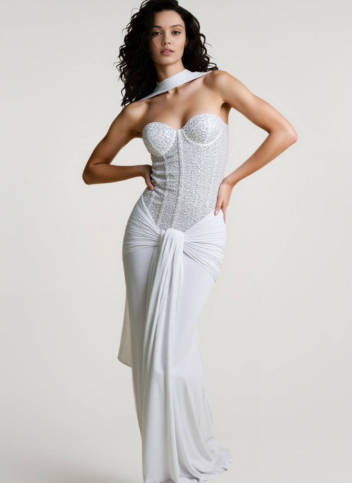Sequin Strapless Sweetheart Corset Draped Mermaid Gown - View 3