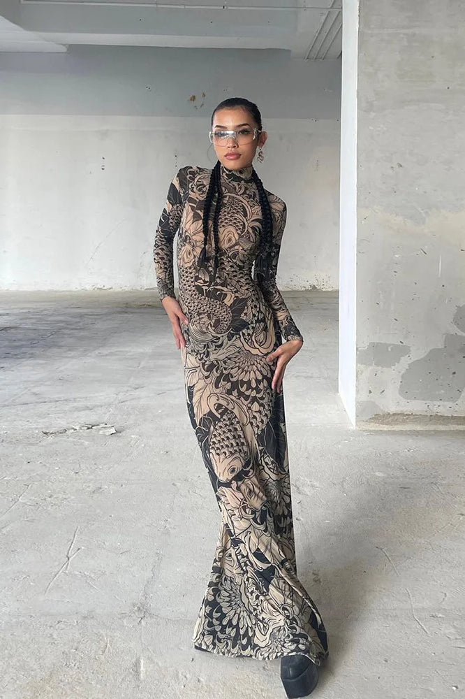 Weird Puss Mesh Print Maxi Dress