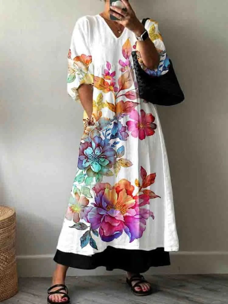 Watercolor Floral V-Neck Contrast Hem Maxi Dress