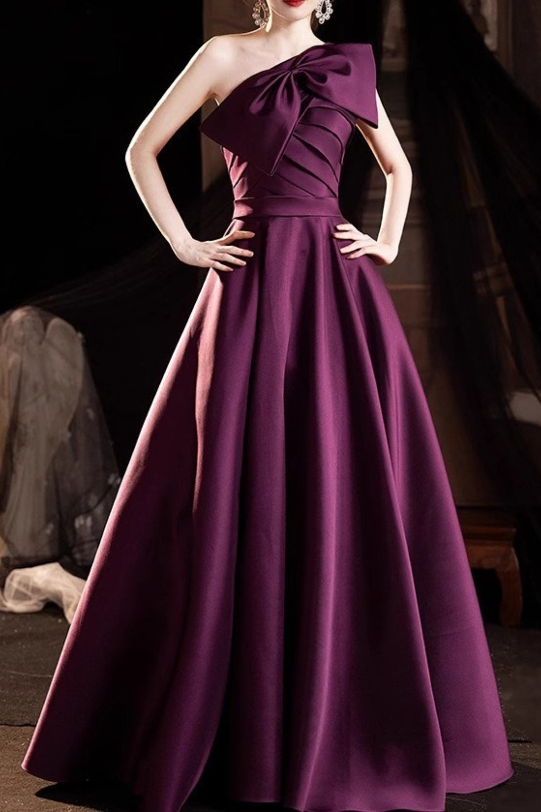 Satin One Shoulder Pleated A-Line Maxi Gown - View 5