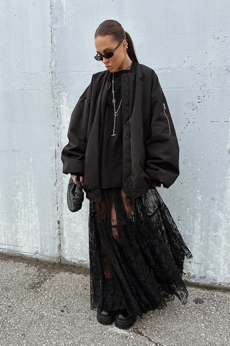 Black Lace Panel Boho Maxi Skirt