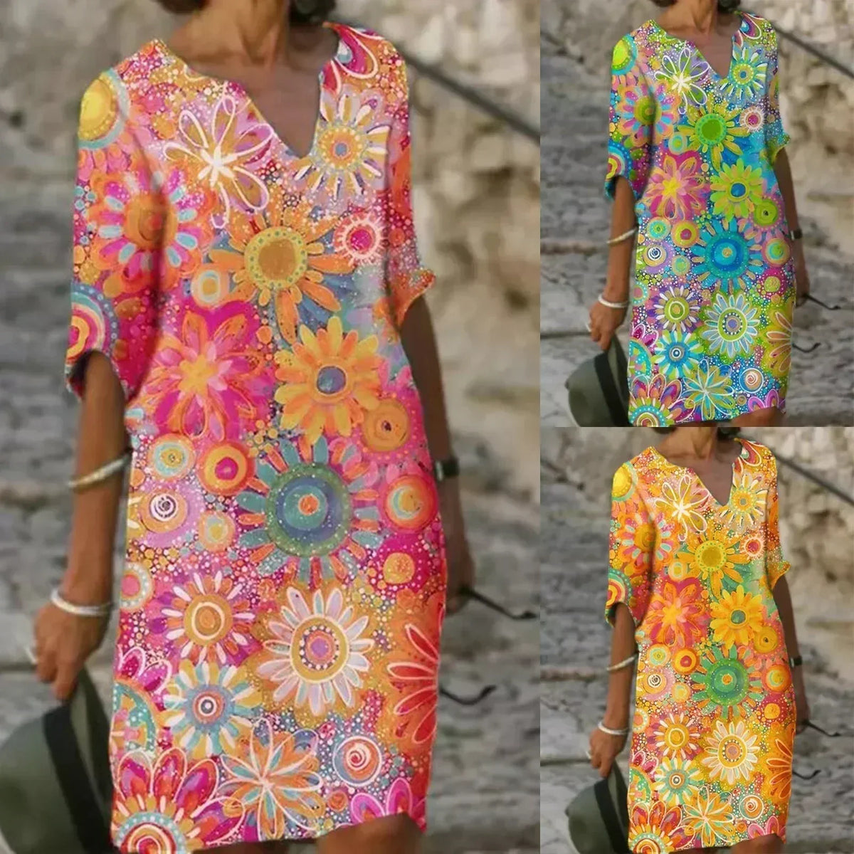 V-Neck Short Sleeve Boho Floral Print Shift Midi Dress - View 4
