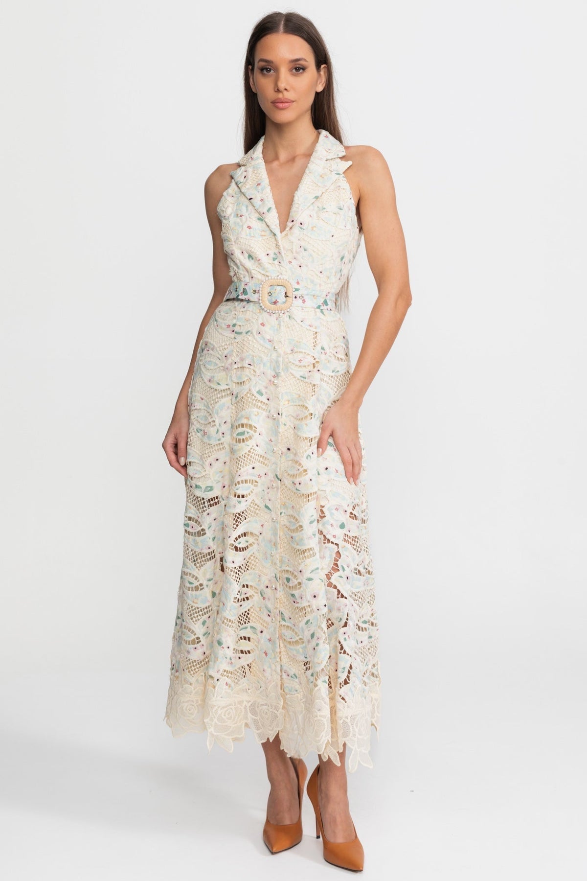 Halter Lace Midi Dress with Belted Waist – Ivoire - View 5