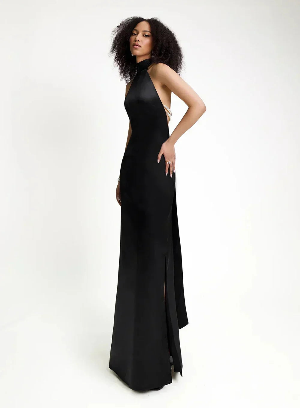 Satin Halter Neck Backless Pearl Strap Maxi Gown - View 14