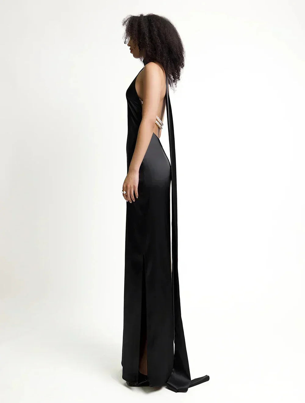Satin Halter Neck Backless Pearl Strap Maxi Gown - View 10