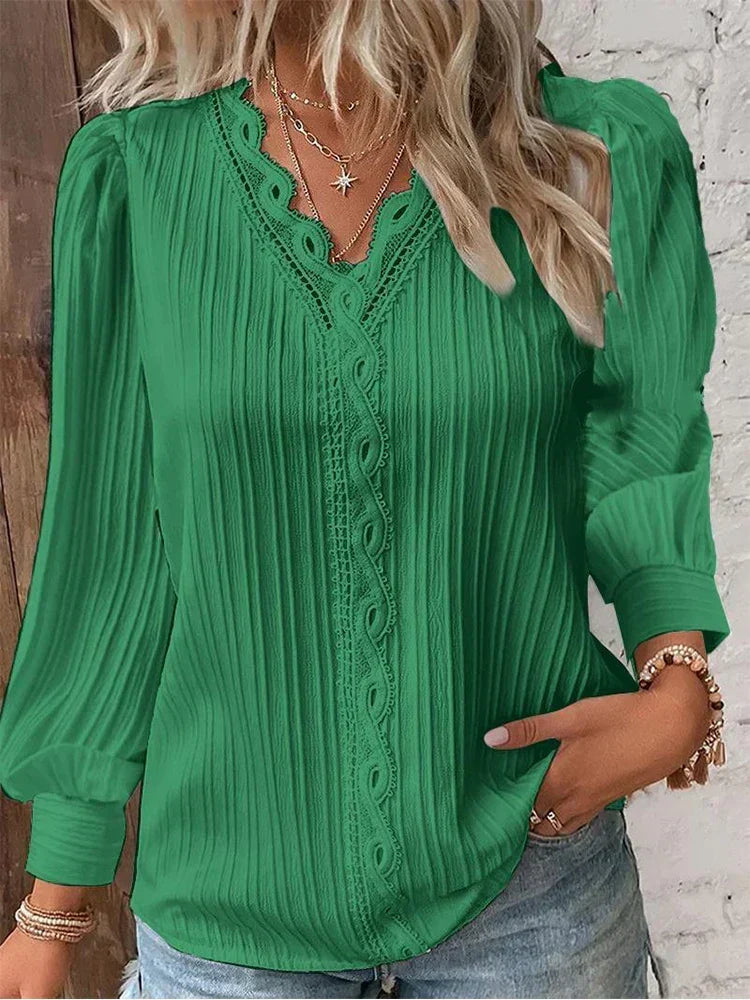 V-Neck Lace Trim Long Sleeve Pleated Blouse 4